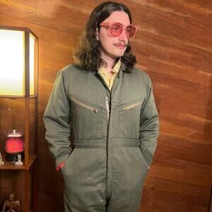 VINTAGE 80s Big Smith Coveralls Quilted Size 38 Short Green Distressed Mechanic